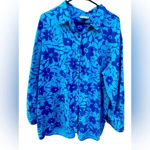 Jaclyn Smith Women’s size 24 PLUS linen long sleeve floral blue top/blouse